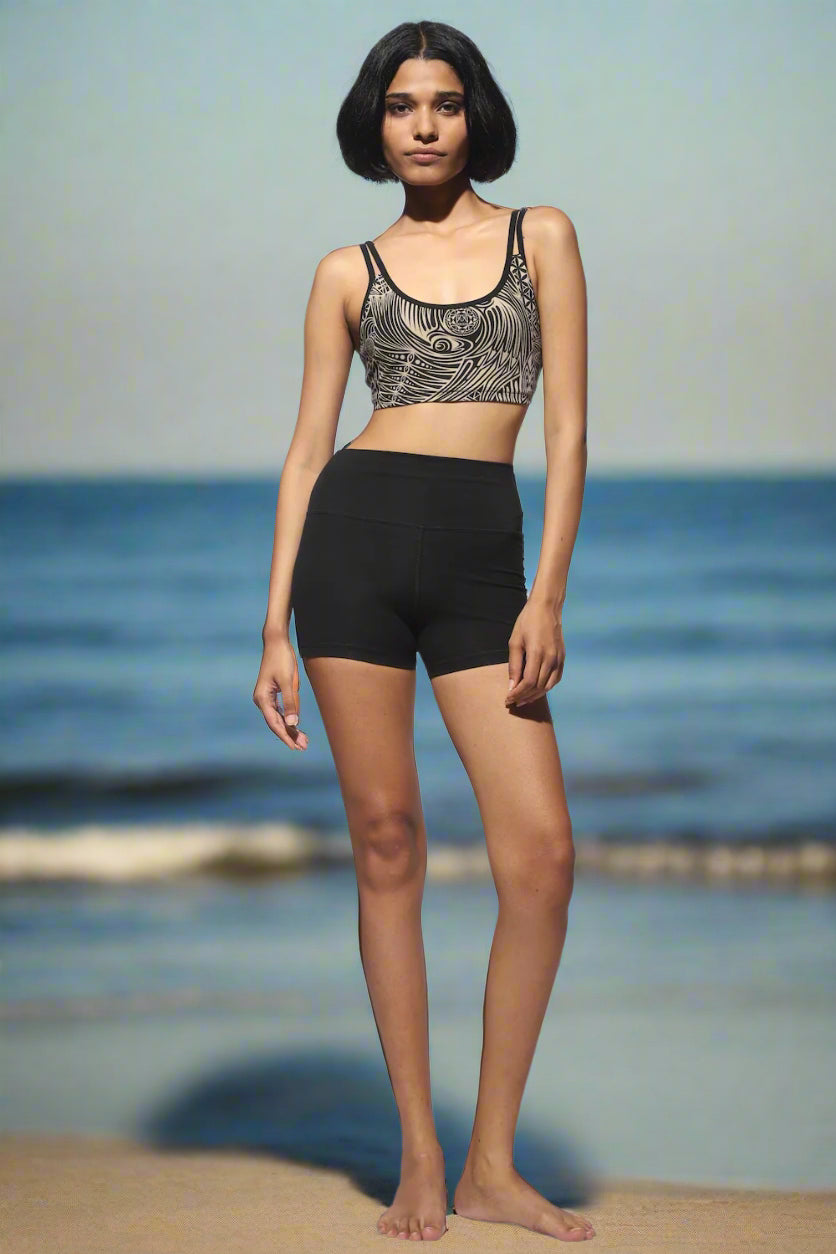 High Waist Shorts black from the front with cream black tribal cross-back bra