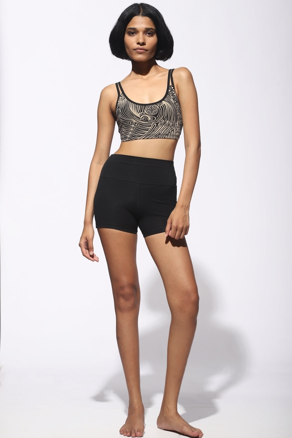 High Waist Shorts black from front with cream black tribal cross-back bra